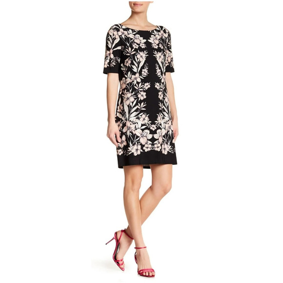 Eliza J Women 10 Black Pink Floral Spring Half Sleeve Knee Length Shift Dress - Picture 1 of 6